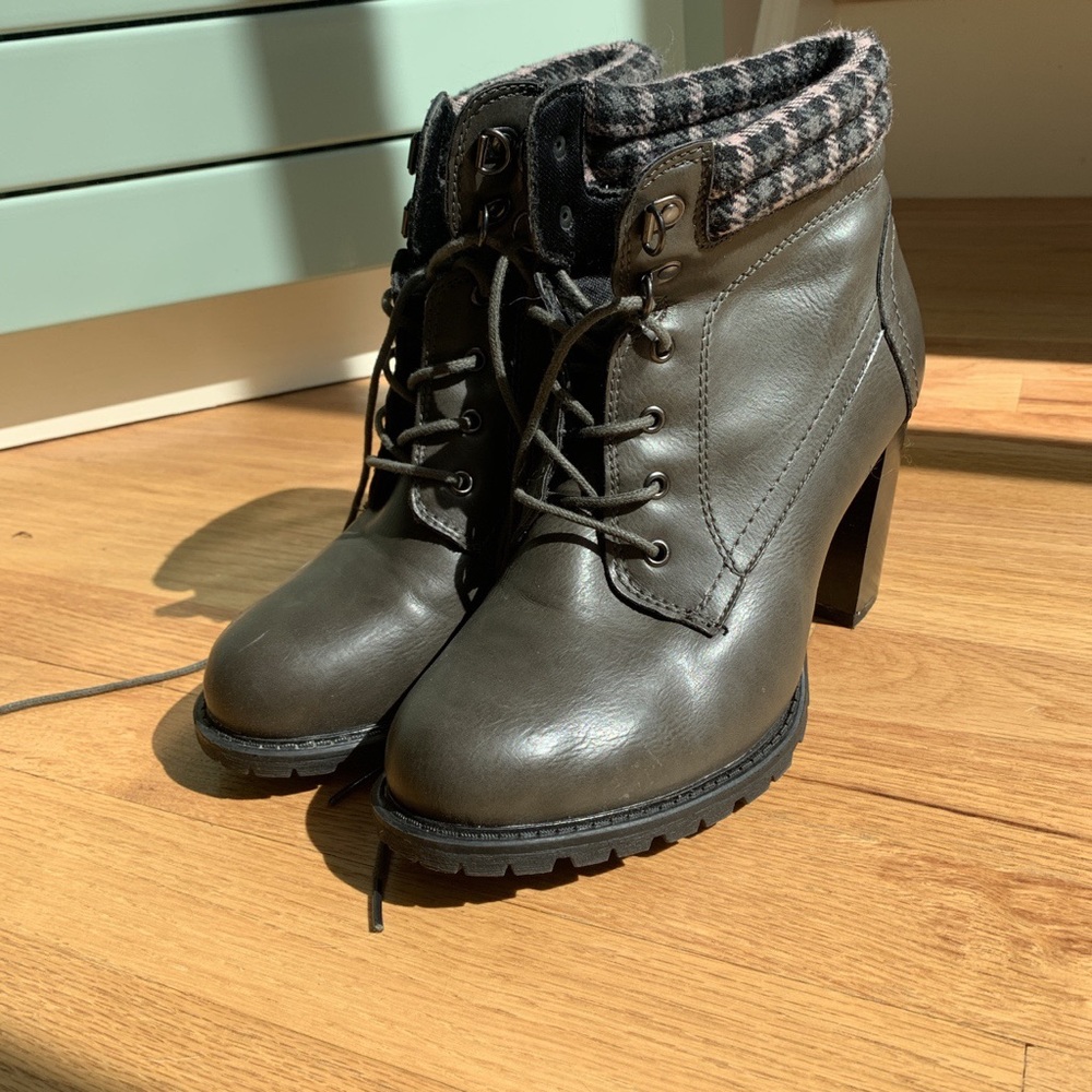 Taupe ankle booties with houndstooth ankle